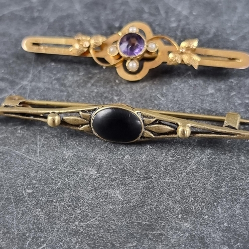 272 - A yellow metal amethyst and pearl bar brooch, stamped 9ct, 48mm; together with another base metal ba... 