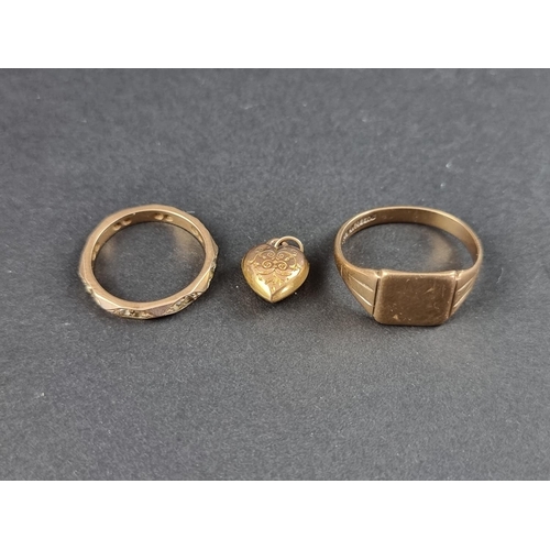 275A - A yellow metal signet type ring, stamped 9ct; together with another yellow metal signet ring, set wh... 