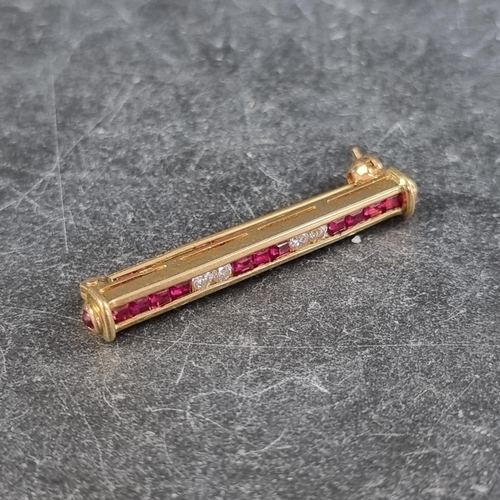 284 - An 18ct gold bar brooch, channel set with eleven rubies and four brilliant cut diamonds, with additi... 