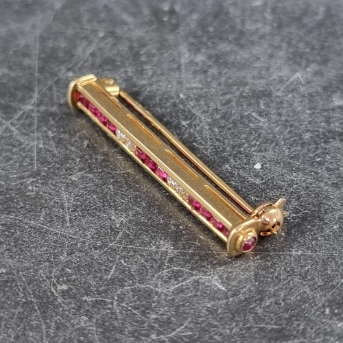 284 - An 18ct gold bar brooch, channel set with eleven rubies and four brilliant cut diamonds, with additi... 