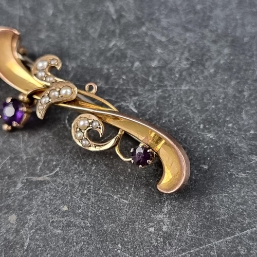 289 - A yellow metal scroll floral bar brooch, set two amethysts and twelve split pearls, stamped '9ct', 4... 