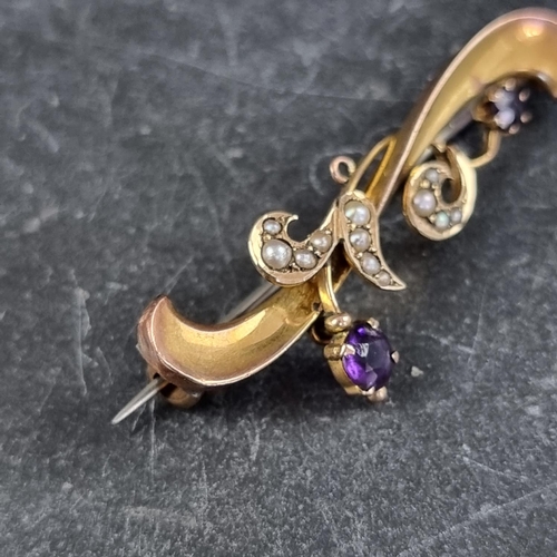 289 - A yellow metal scroll floral bar brooch, set two amethysts and twelve split pearls, stamped '9ct', 4... 