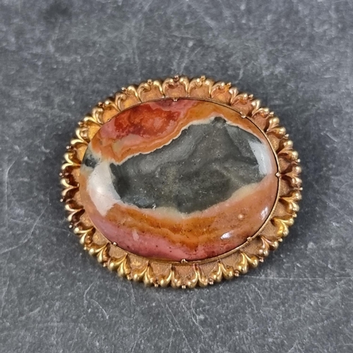 292 - A George IV yellow metal moss agate brooch, inscribed verso 'Julia Mudiford 1828', 35 x 32mm.... 