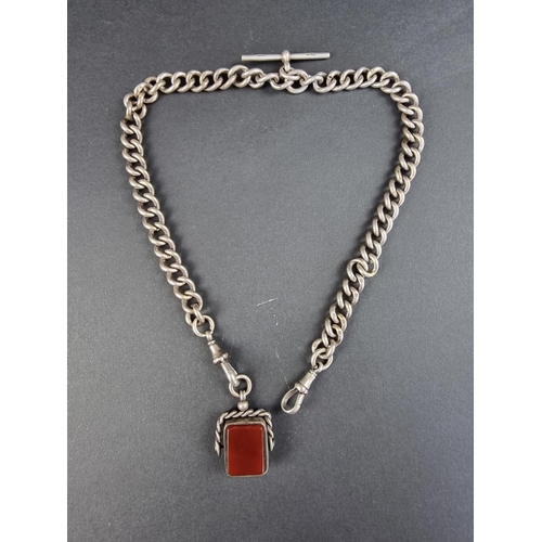 305 - A silver curb link double Albert chain, with attached swivel seal, set bloodstone and carnelian, 41c... 