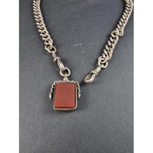 305 - A silver curb link double Albert chain, with attached swivel seal, set bloodstone and carnelian, 41c... 