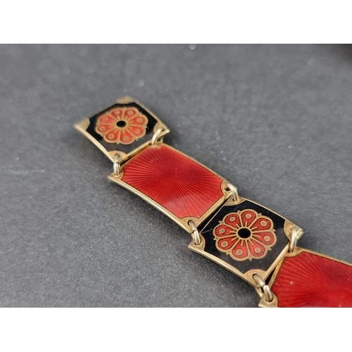 311A - A vintage Norwegian black & red enamel floral bracelet, by David Andersen, stamped 'Sterling 925... 