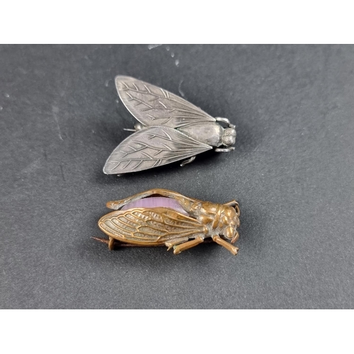 313 - A white metal 'fly' brooch, 3.5cm wide; together with another similar brass and semi-precious stone ... 