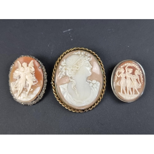 316 - Two carved shell cameo brooches, one in marcasite frame, stamped 925, 45 x 35mm; the other in a base... 