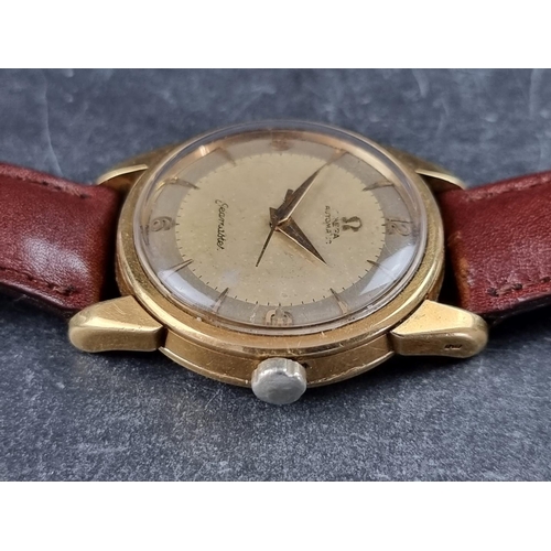 350 - A circa 1957 Omega 'Seamaster' 18ct gold automatic wristwatch, 34mm, Ref. 15762428, Cal. 501, on lat... 