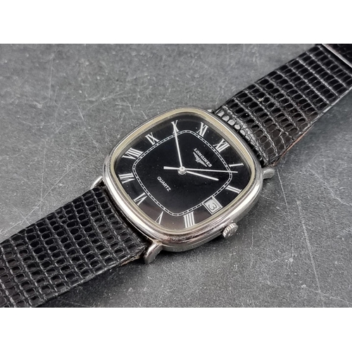 359 - A vintage Longines black dial stainless steel quartz wristwatch, 34mm, Ref. 4174 728, on replacement... 