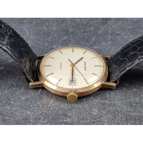 365 - A vintage Jean Renet 9ct gold quartz wristwatch, 33m, Ref. 19253, on black leather crocodile strap.... 