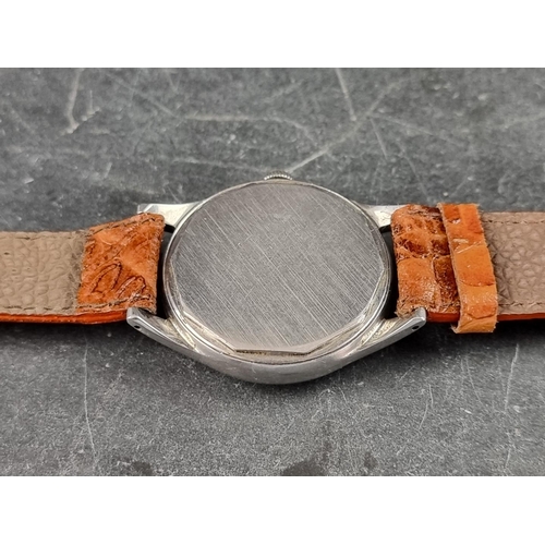 371 - A 1940s Movado 'Sport' stainless steel manual wind wristwatch, 34mm, Ref. 6802, on later brown leath... 