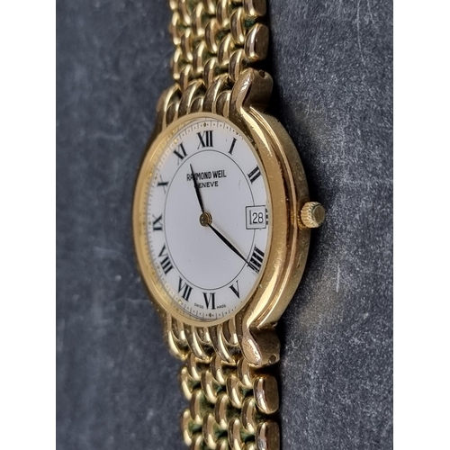 372 - A Raymond Weil gold tone quartz wristwatch, 32mm, Ref. 5549, on original integrated 'beads of rice' ... 