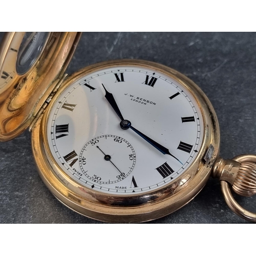 395 - A J W Benson 9ct gold half-hunter stem wind pocket watch, 51mm, London 1931, cased.