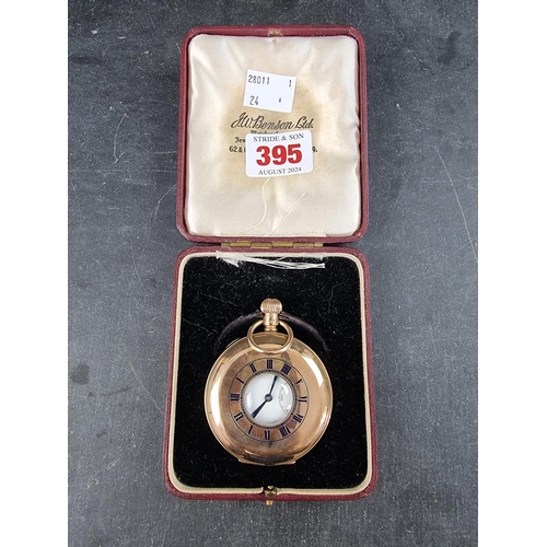 395 - A J W Benson 9ct gold half-hunter stem wind pocket watch, 51mm, London 1931, cased.