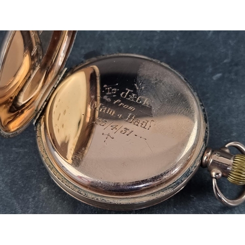 397 - A Waltham 9ct gold half hunter stem wind pocket watch, Chester 1930, 51mm, the dust cover with engra... 