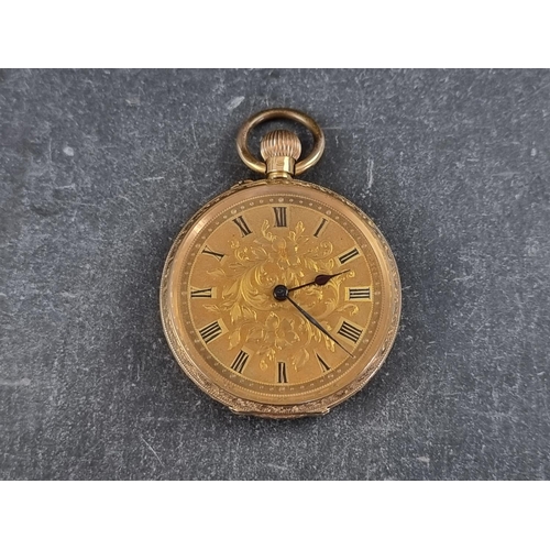 399 - A Swiss yellow metal stem wind fob watch, stamped 18k, 37mm.