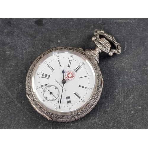 402 - A Swiss white metal stem wind open faced Non Magnetic 'Germinal' pocket watch, by Picard & Fils,... 