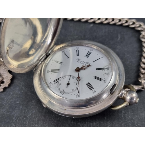 404 - A 19th century Swiss white metal key wind hunter pocket watch, by Perret & Fils, Brenets, 59mm, ... 