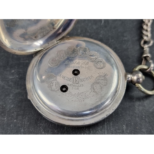 404 - A 19th century Swiss white metal key wind hunter pocket watch, by Perret & Fils, Brenets, 59mm, ... 