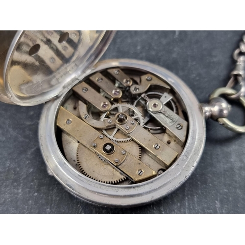 404 - A 19th century Swiss white metal key wind hunter pocket watch, by Perret & Fils, Brenets, 59mm, ... 