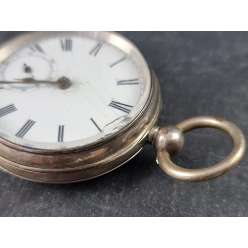 406 - A Victorian silver open faced key wind pocket watch, by Waltham, 54mm, Birmingham 1885; together wit... 