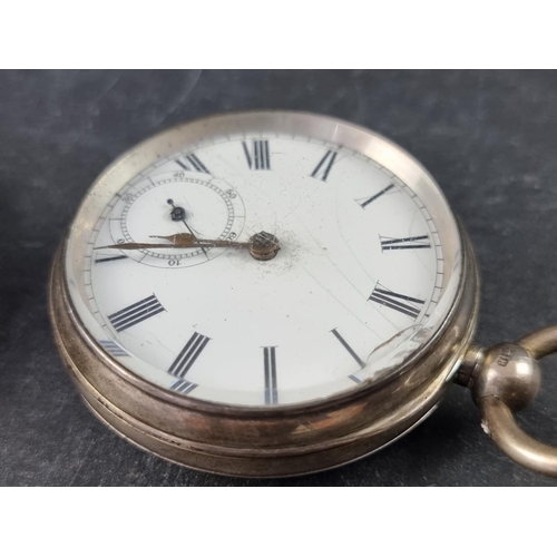 406 - A Victorian silver open faced key wind pocket watch, by Waltham, 54mm, Birmingham 1885; together wit... 