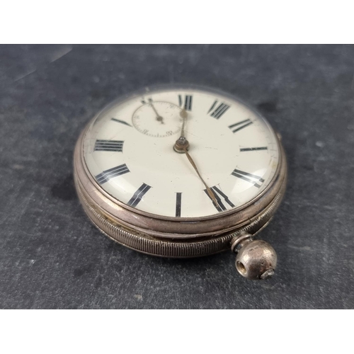 406 - A Victorian silver open faced key wind pocket watch, by Waltham, 54mm, Birmingham 1885; together wit... 