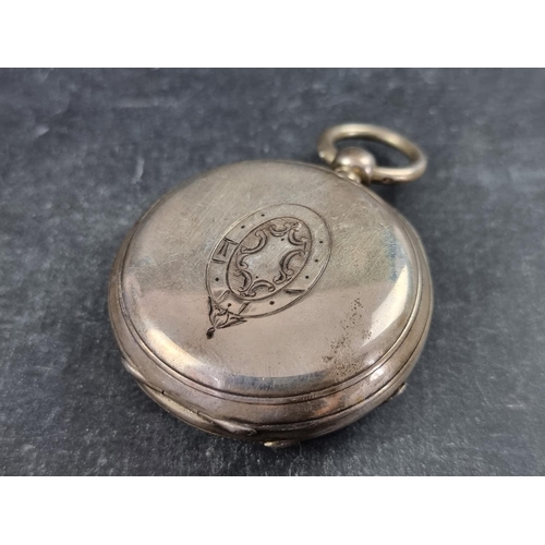 406 - A Victorian silver open faced key wind pocket watch, by Waltham, 54mm, Birmingham 1885; together wit... 