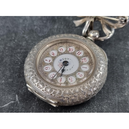 407 - An Edwardian white metal open faced key wind fob watch, 36mm, stamped '.935' and with Swiss conventi... 