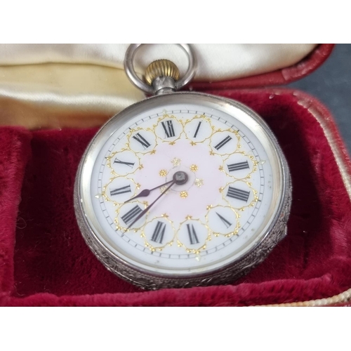 409 - A vintage Swiss white metal stem wind fob watch, 36mm, stamped 935; together with a silver stem wind... 