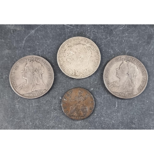 423 - Coins: two Victoria 1895 silver crowns; together with a George V 1935 crown and a George II 1735 hal... 