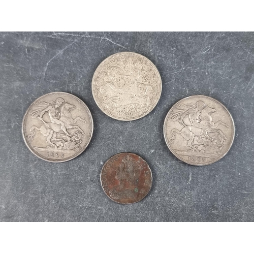 423 - Coins: two Victoria 1895 silver crowns; together with a George V 1935 crown and a George II 1735 hal... 