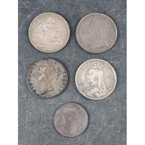 425 - Coins: four Victoria silver crowns, 1847, 1892, 1896 and 1900; together with a George III 1817 silve... 