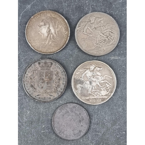 425 - Coins: four Victoria silver crowns, 1847, 1892, 1896 and 1900; together with a George III 1817 silve... 