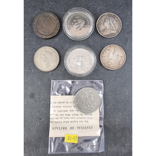 434 - Coins: four various silver crowns;: 1899; 1935; 1937 (2); together with two 1951 crowns; and a 1797 ... 