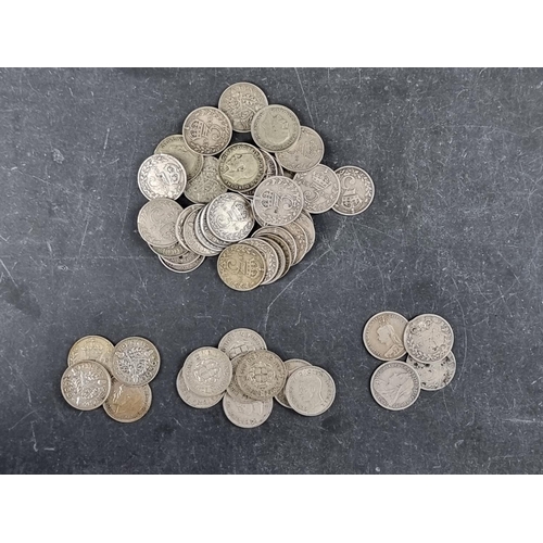 439 - Coins: a quantity of silver and part silver 3d coins, comprising four Victoria; thirty eight George ... 