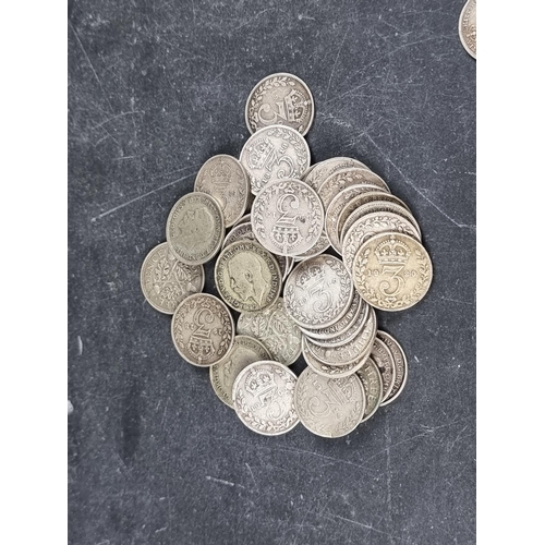 439 - Coins: a quantity of silver and part silver 3d coins, comprising four Victoria; thirty eight George ... 