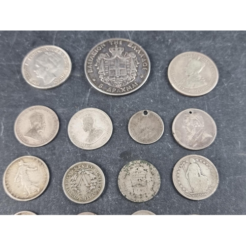 446 - Coins: Greece, a George I 1875 five drachmai silver coin; together with various other coins.... 