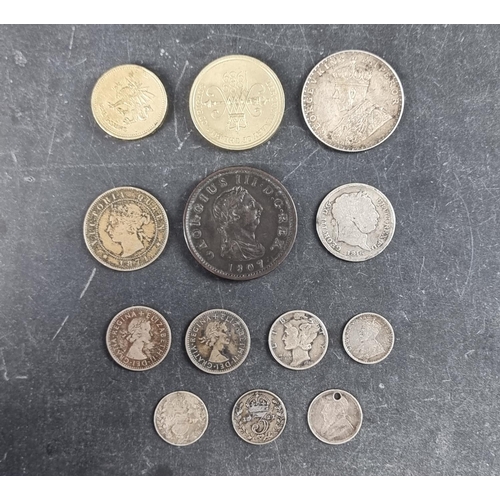 447 - Coins: a quantity of coins, mostly UK, to include: a George III 1807 Soho Mint penny; and a few silv... 