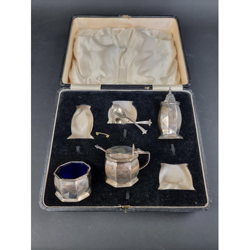 48 - A cased silver part condiment set, by Stokes & Ireland Ltd, Chester 1927; together with three un... 