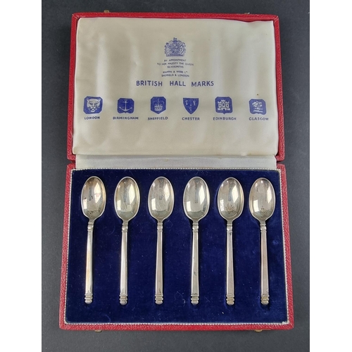 54 - A cased set of six 'British Hall Marks' silver teaspoons, by Mappin & webb, 1958, 74g.... 