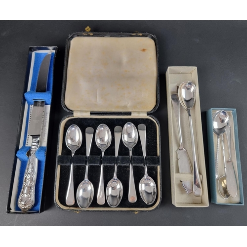 57 - A cased set of six silver teaspoons, by A L Davenport Ltd, Birmingham 1957; together with three case... 