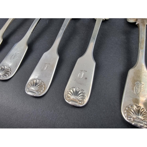 59 - A set of six Victorian silver fiddle and shell pattern table forks and six matching dessert forks, b... 