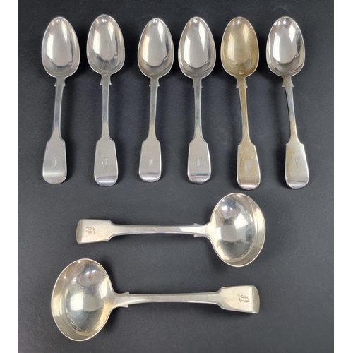 60 - A group of silver fiddle pattern cutlery, various makers, 426g.