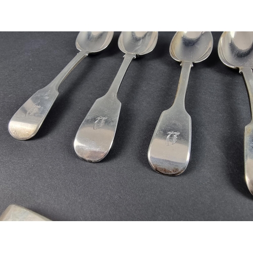 60 - A group of silver fiddle pattern cutlery, various makers, 426g.