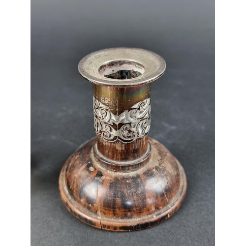 78 - A Victorian silver mounted lignum vitae candlestick, by Rupert Favell, London 1891, 8cm high; t... 