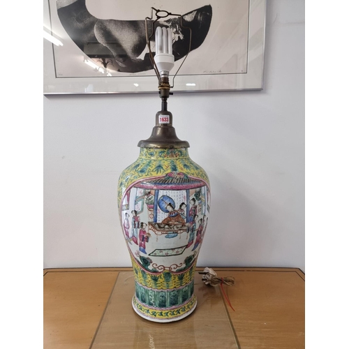 1633 - A large Chinese famille rose yellow ground table lamp, height excluding bulb 66cm.