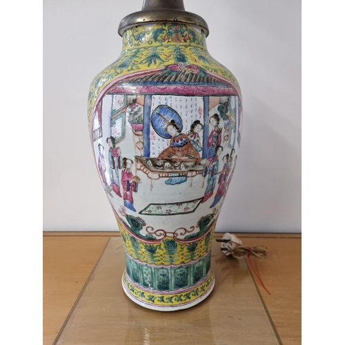 1633 - A large Chinese famille rose yellow ground table lamp, height excluding bulb 66cm.