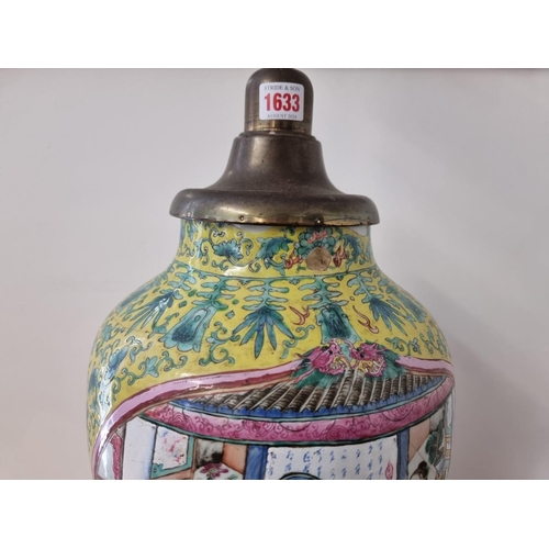 1633 - A large Chinese famille rose yellow ground table lamp, height excluding bulb 66cm.